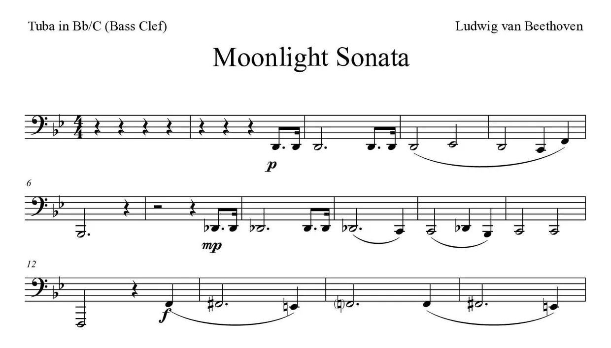 Noten von Mondscheinsonate für Tuba in B/C (Bassschlüssel) (Schwer), erste Zeilen