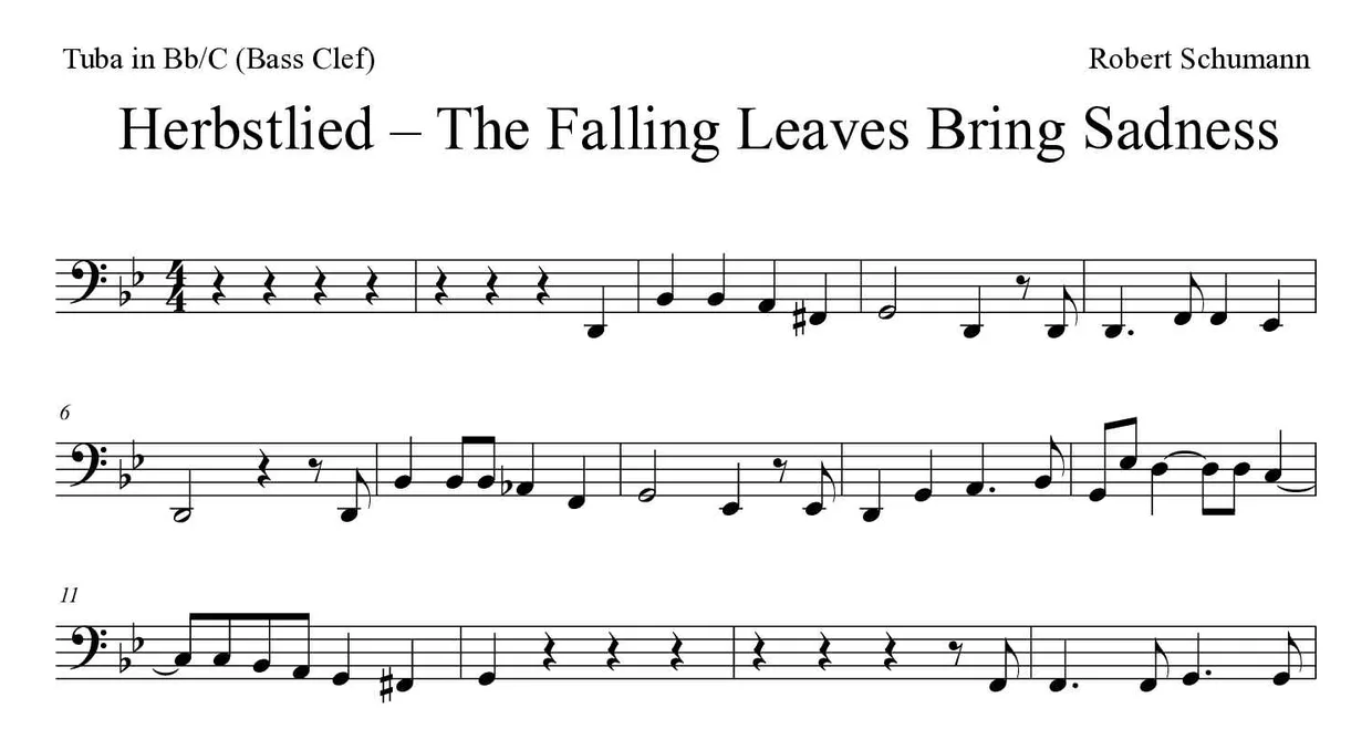 Bladmuziek van Herbstlied voor tuba in Bb/C (bass clef), eerste regels