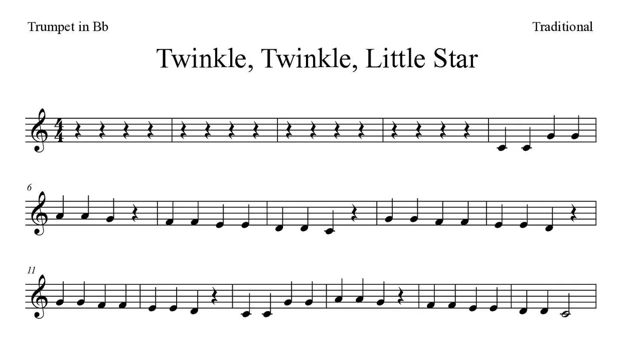 「Twinkle, Twinkle, Little Star」Trumpet in Bb用楽譜の最初の数段
