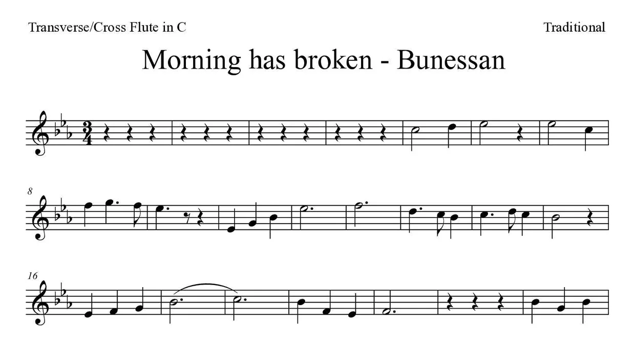 Sheet music of Morning has broken - Bunessan for flute (Hard), first lines