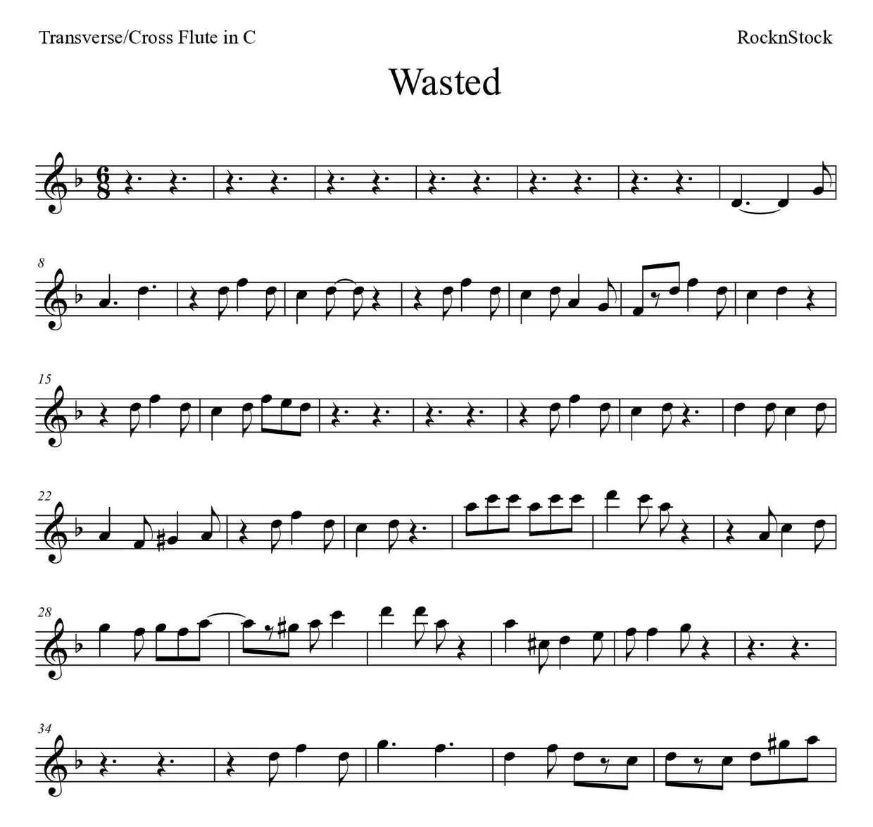Partitura de Wasted para flauta traversa, primeras líneas