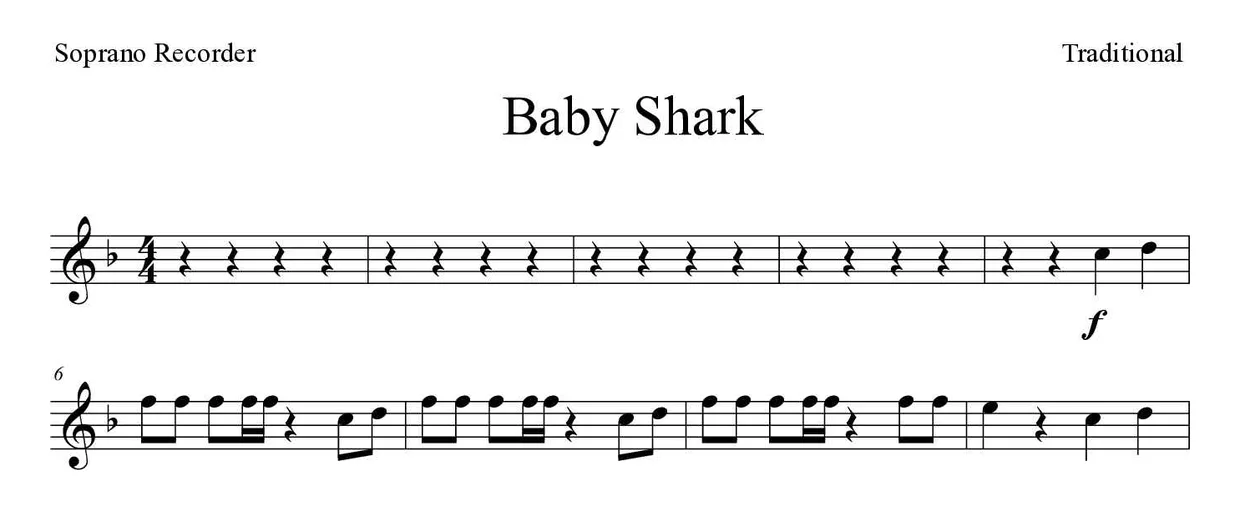 「Baby Shark」Recorder用楽譜の最初の数段
