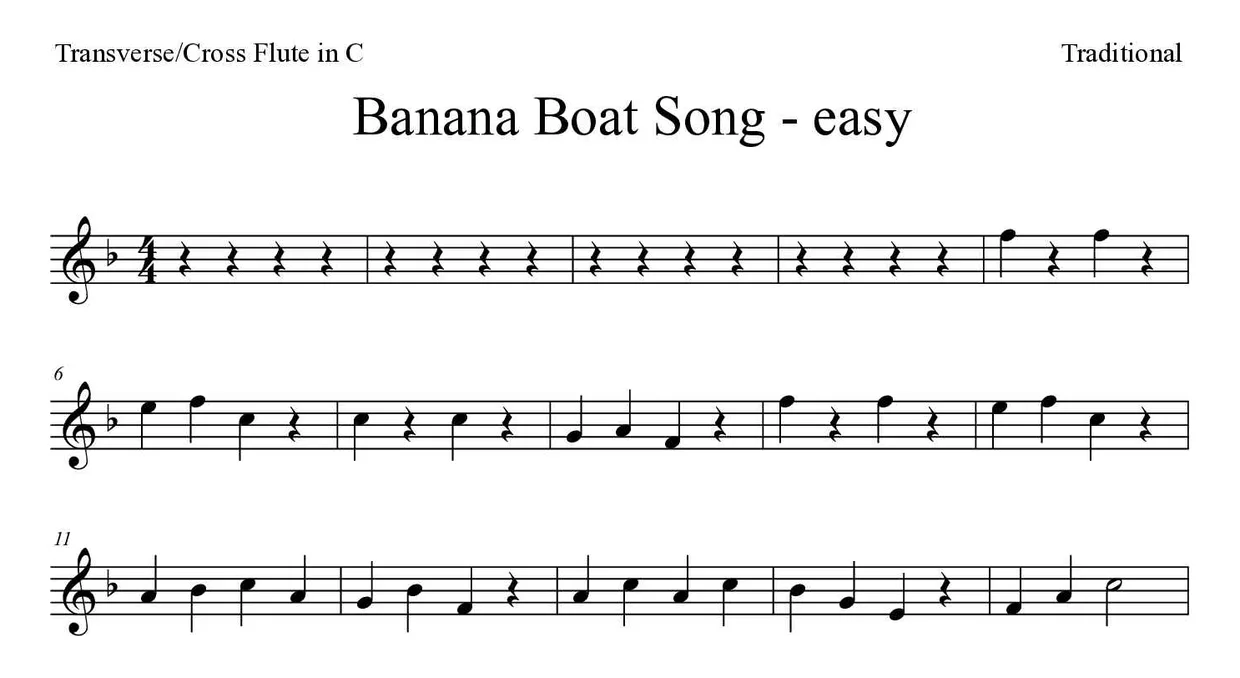 Noten von Banana Boat Song für Querflöte (Einfach), erste Zeilen