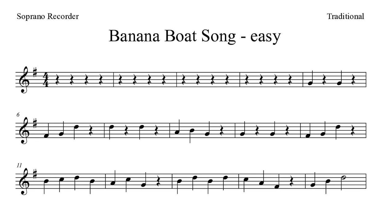 Partitura de Banana Boat Song para flauta de bisel, primeiras linhas