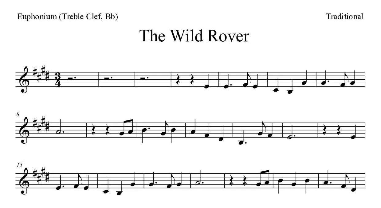 Sheet music of The Wild Rover for euphonium (treble clef, Bb) (Expert), first lines