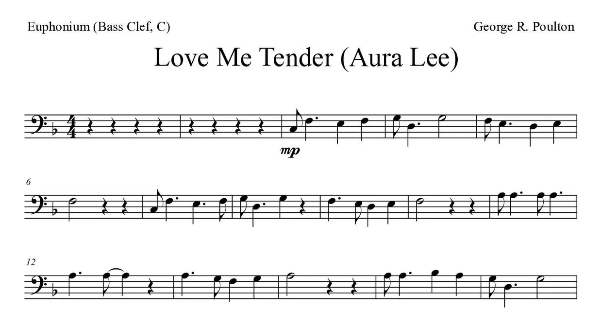 ‘Aura Lee’ Euphonium (Bass Clef, C) 악보의 첫 몇 줄