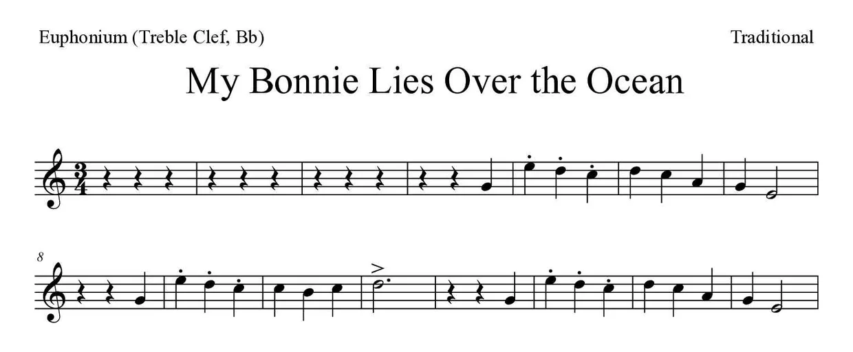 Sheet music of My Bonnie Lies Over the Ocean for euphonium (treble clef, Bb) (Hard), first lines