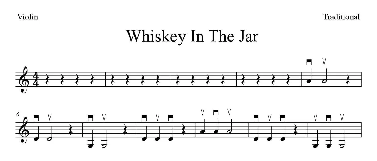 「Whiskey In The Jar」Violin用楽譜の最初の数段