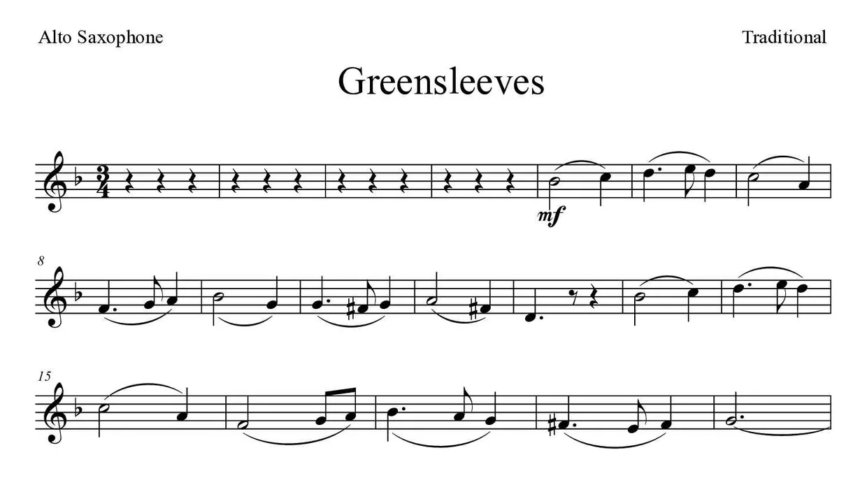 Bladmuziek van Greensleeves voor alto saxophone, eerste regels