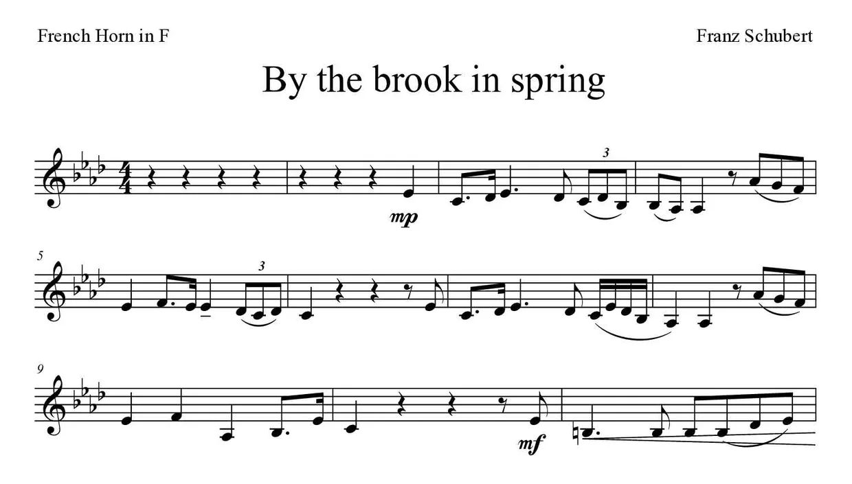 Partitura de By the brook in spring para trompa, primeras líneas