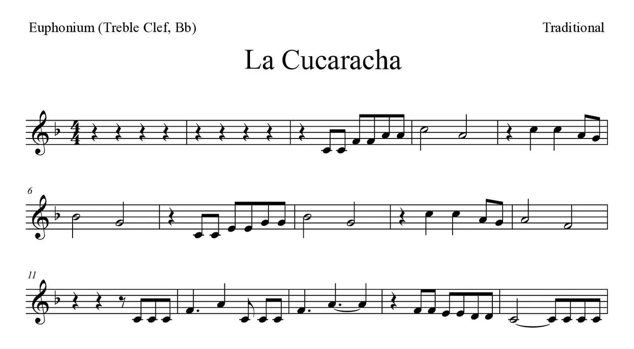 Partitura de La Cucaracha para bombardino (clave de Sol, Sib), primeras líneas