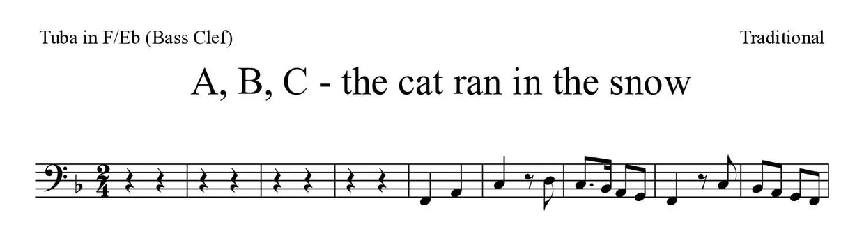 ‘A, B, C - the cat ran in the snow’ Tuba in F/Eb (Bass Clef) 악보의 첫 몇 줄