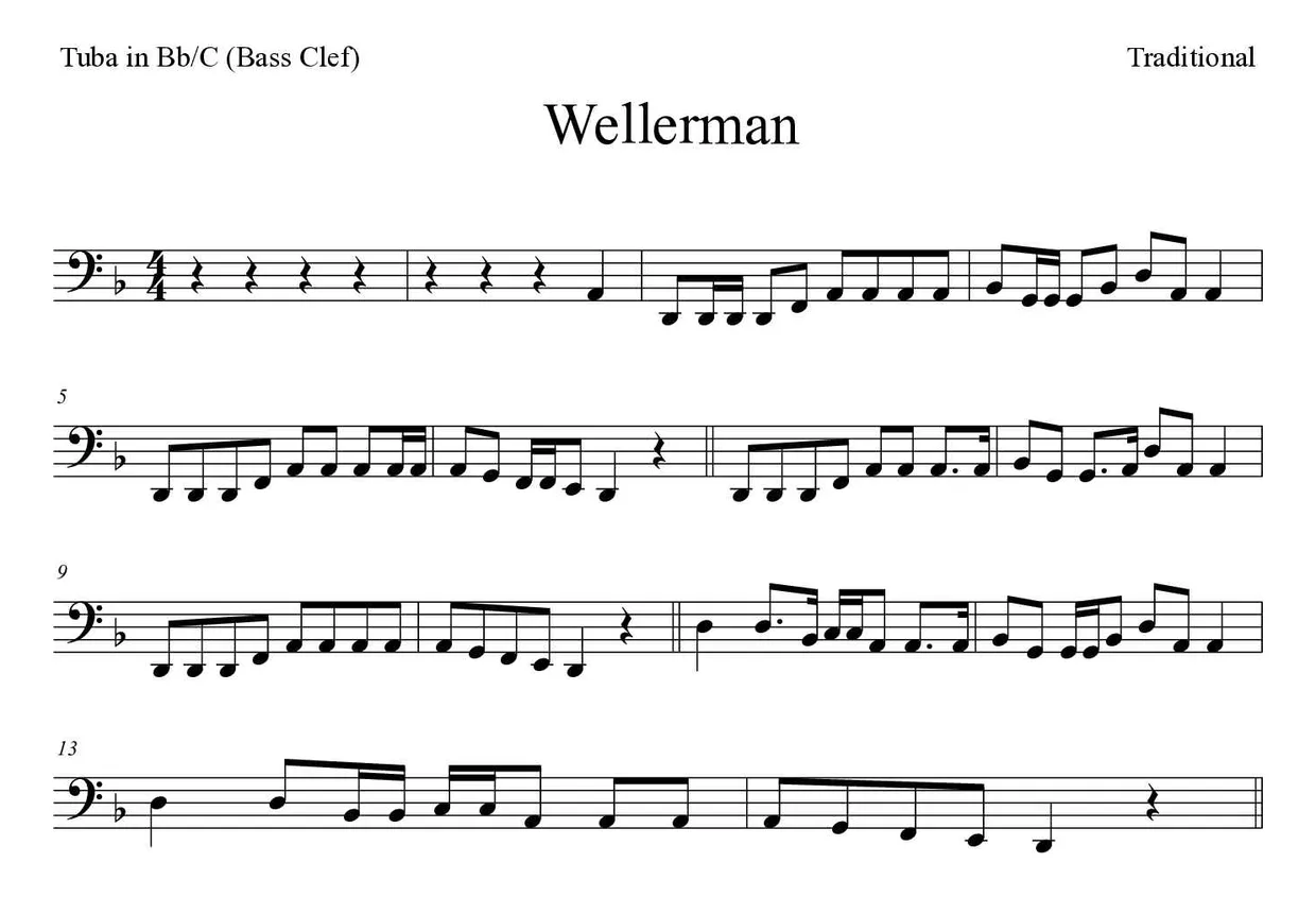 Partition de Wellerman pour tuba en si bémol/do (clé de fa), premières lignes