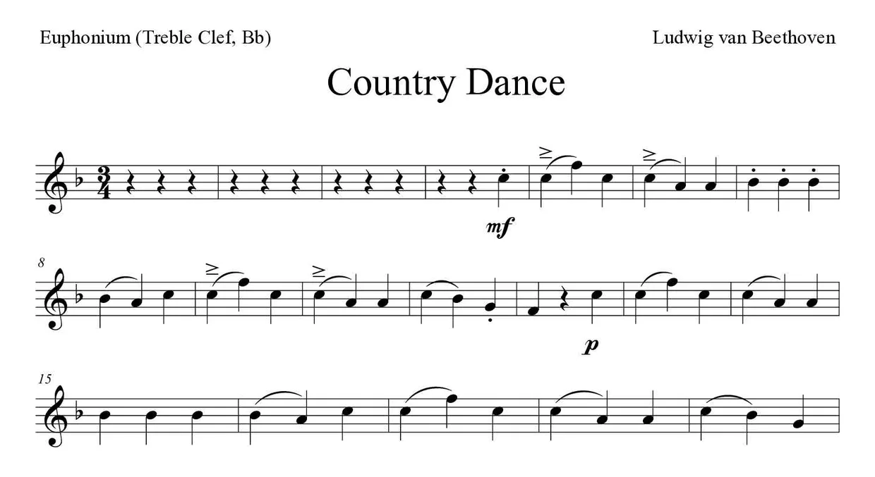 Partitura de Country Dance para bombardino (clave de Sol, Sib), primeras líneas