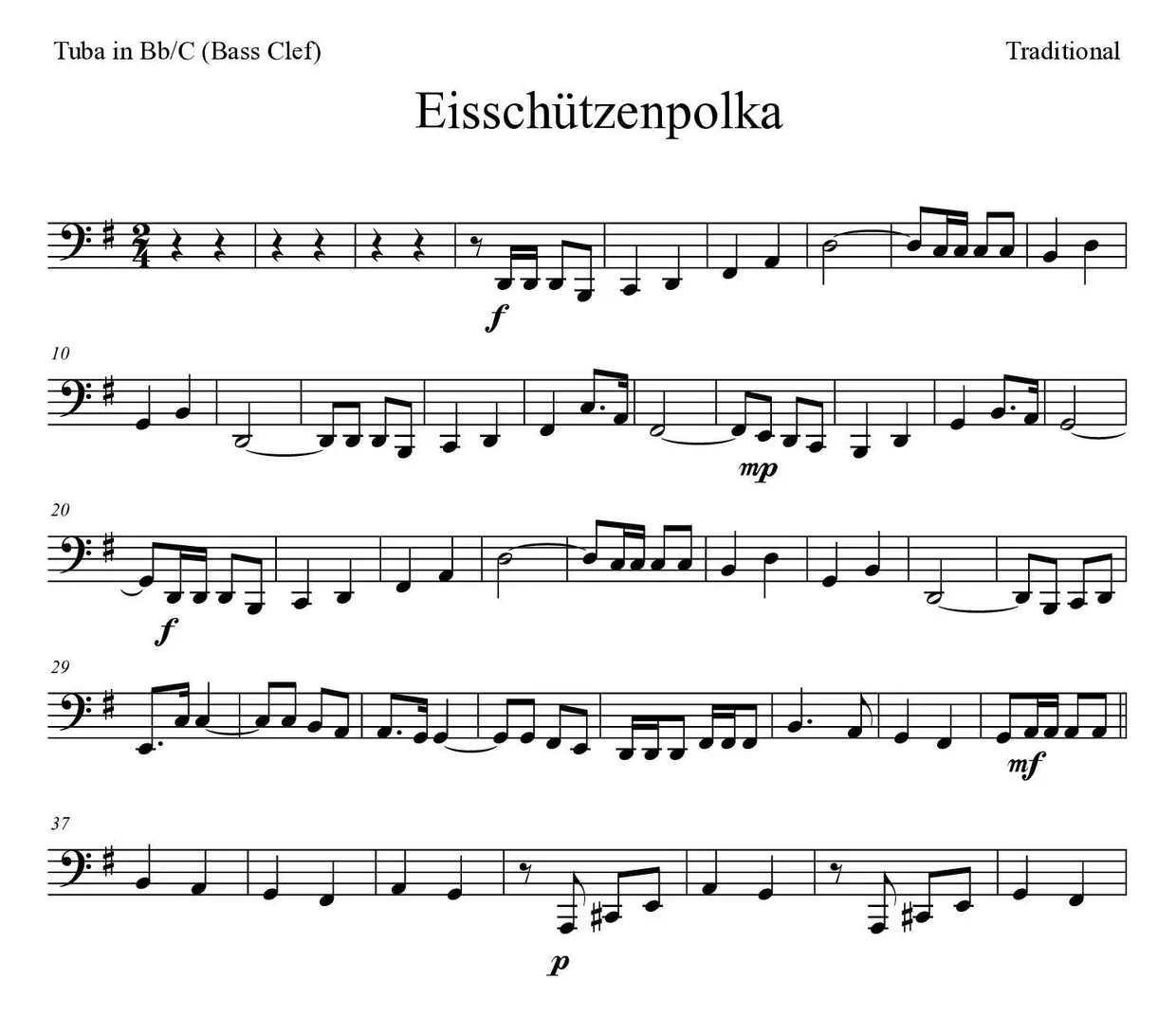 Partitura de Eisschützenpolka para tuba em Sib/Do (clave de Fa), primeiras linhas
