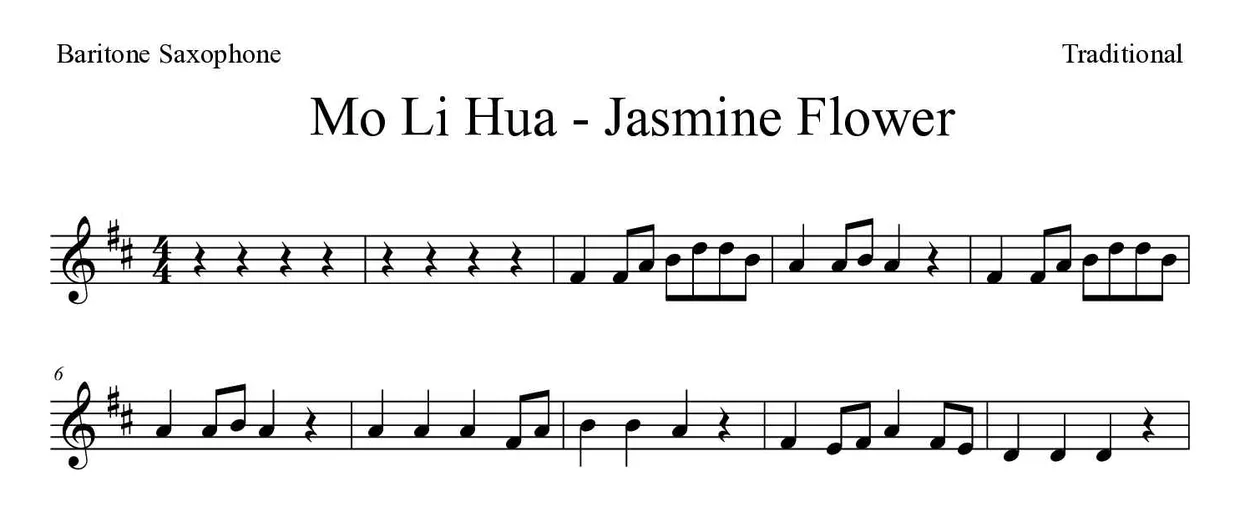 Bladmuziek van Mo Li Hua - Jasmine Flower voor baritone saxophone, eerste regels