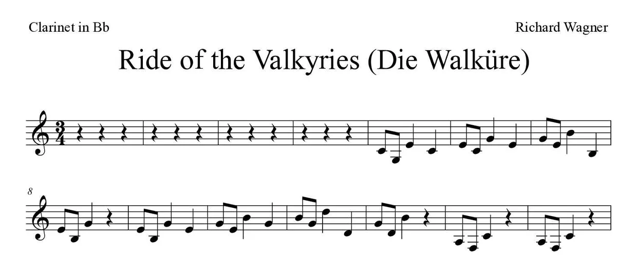 Partitura de Ride of the Valkyries (Die Walküre) para clarinete, primeiras linhas