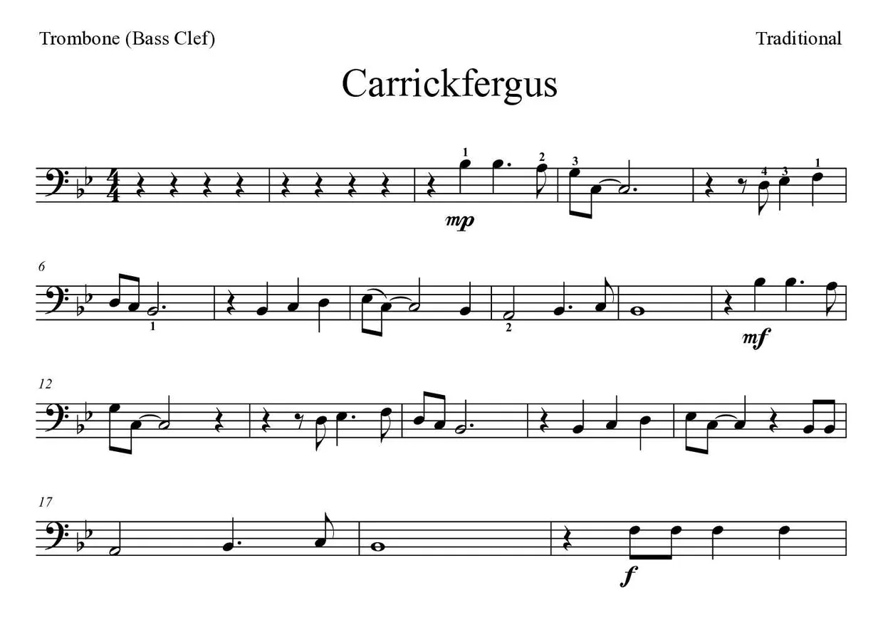 Noten von Carrickfergus für Posaune (Schwer), erste Zeilen