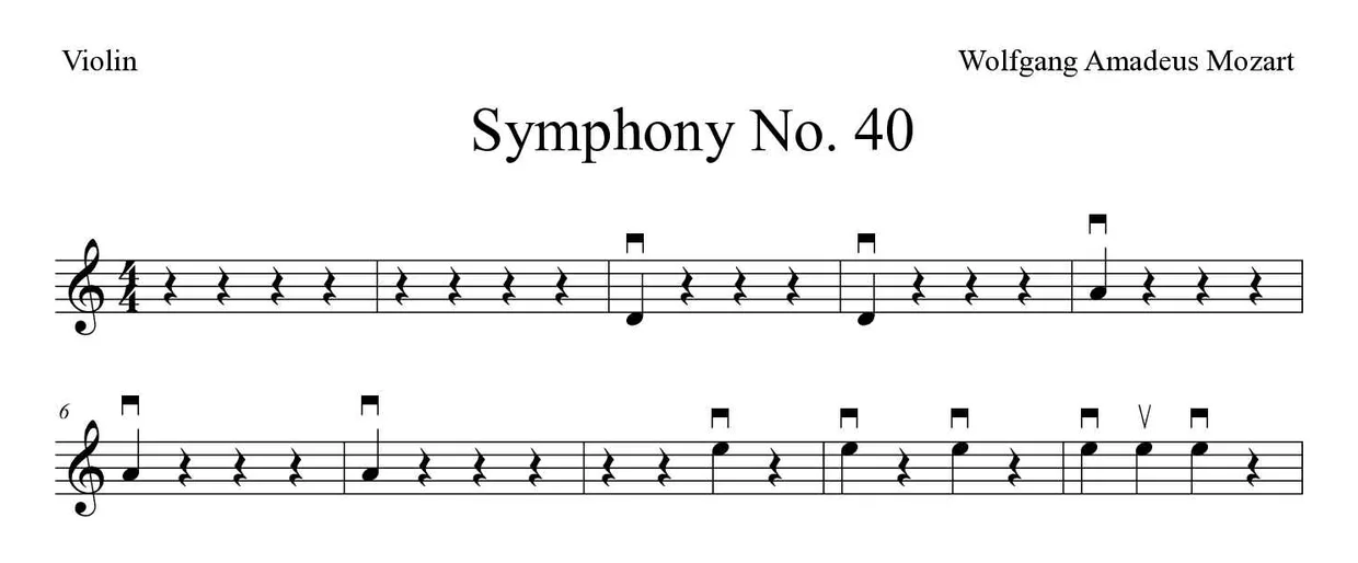 Partitura de Symphony No. 40 para violín, primeras líneas