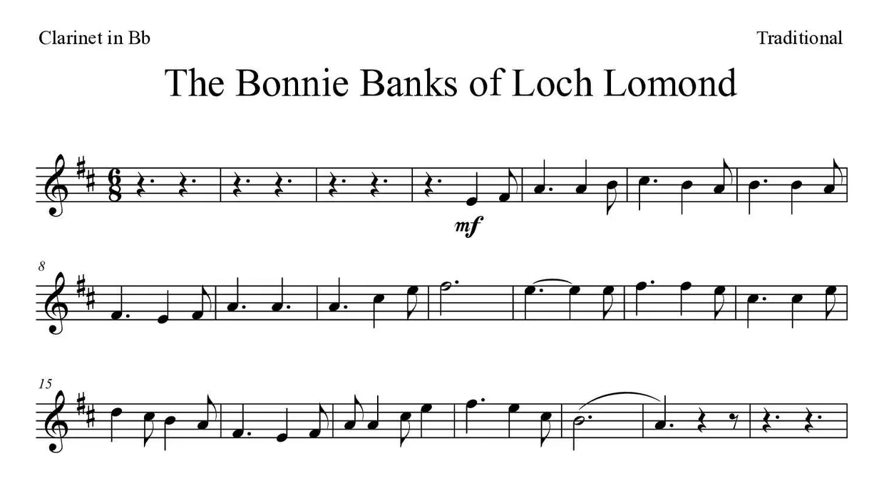 Partitura de The Bonnie Banks of Loch Lomond para clarinete, primeiras linhas