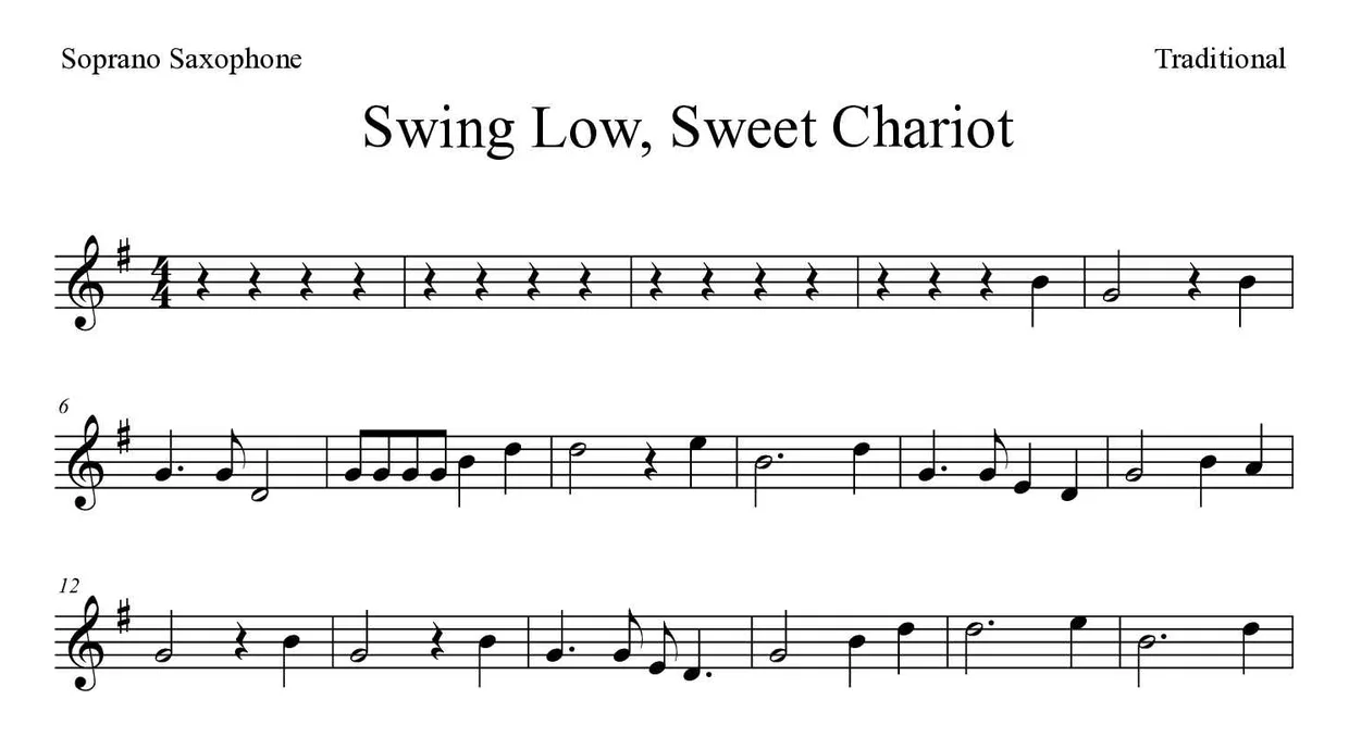 ‘Swing Low, Sweet Chariot’ Soprano Saxophone 악보의 첫 몇 줄