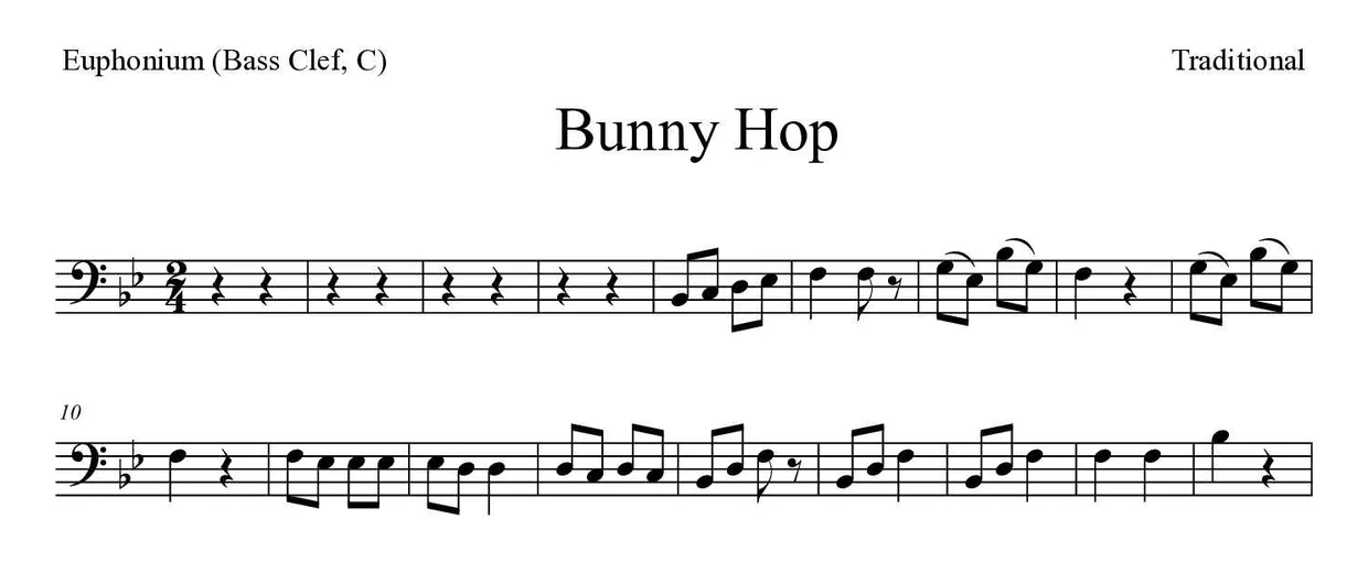 Sheet music of Bunny Hop for euphonium (bass clef, C) (Medium), first lines