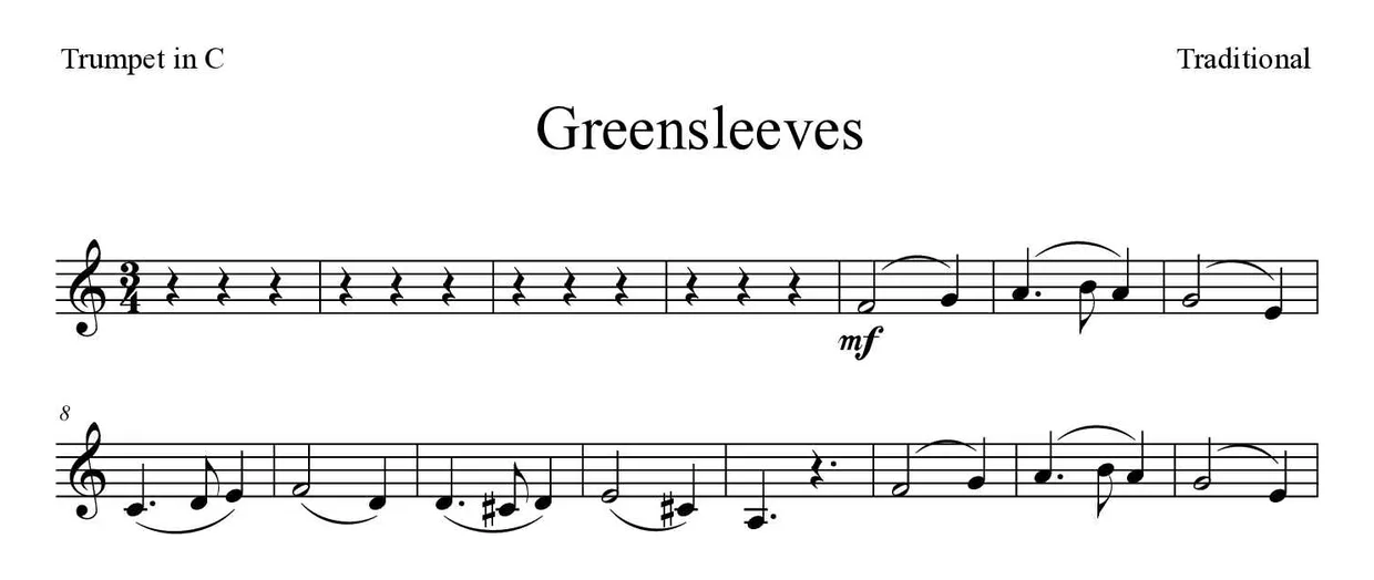 Partitura de Greensleeves para trompeta en Do, primeras líneas