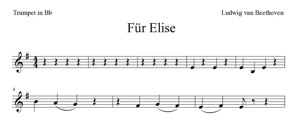 Partitura de Für Elise para trompete em Sib, primeiras linhas