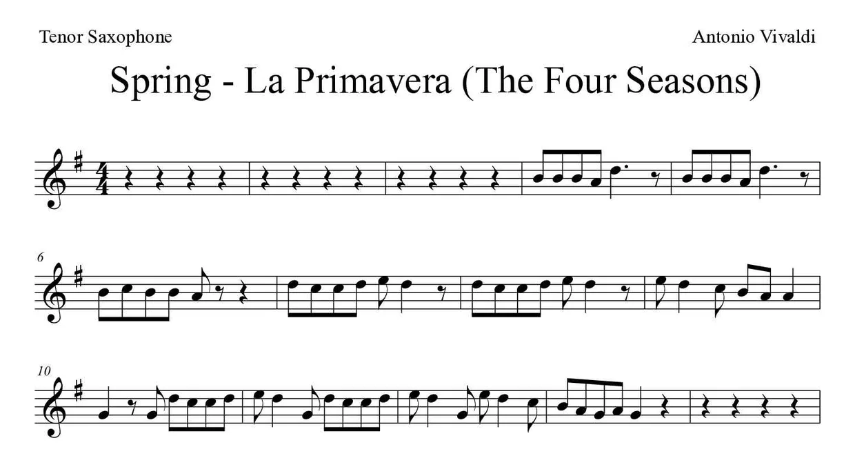 「Spring - La Primavera (The Four Seasons)」Tenor Saxophone用楽譜の最初の数段