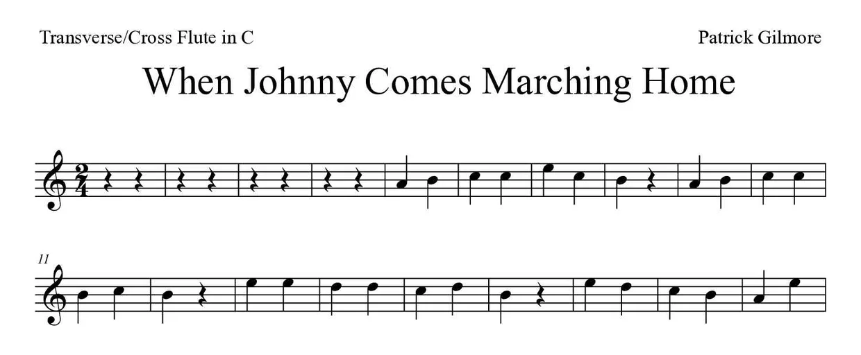 Partition de When Johnny Comes Marching Home pour fflûte traversière, premières lignes