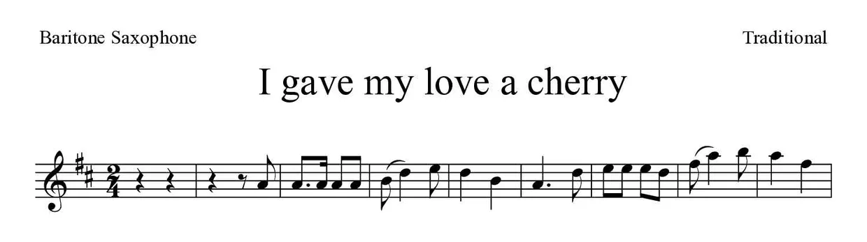Partitura de I gave my love a cherry para saxofone barítono, primeiras linhas