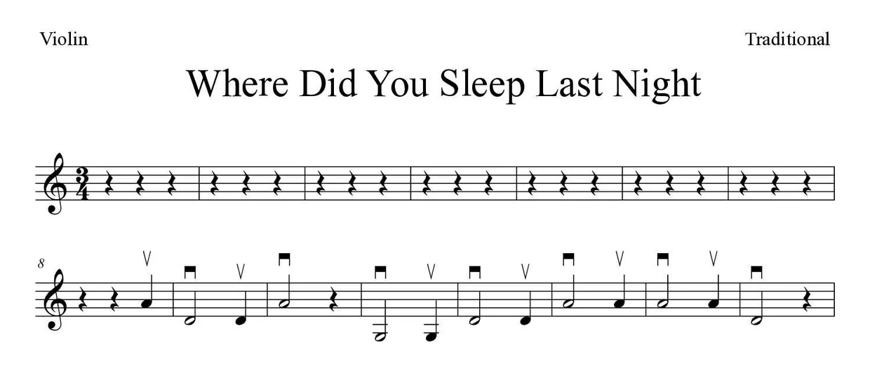 Partitura de Where Did You Sleep Last Night para violín, primeras líneas