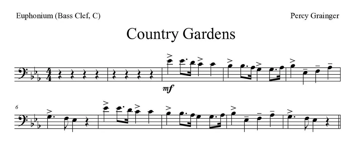 Spartito di Country Gardens per euphonium (bass clef, C), prime righe