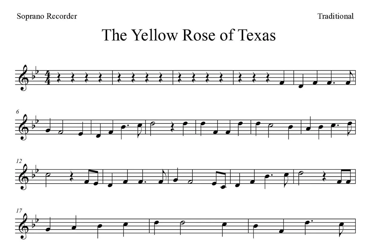 Spartito di The Yellow Rose of Texas per recorder, prime righe