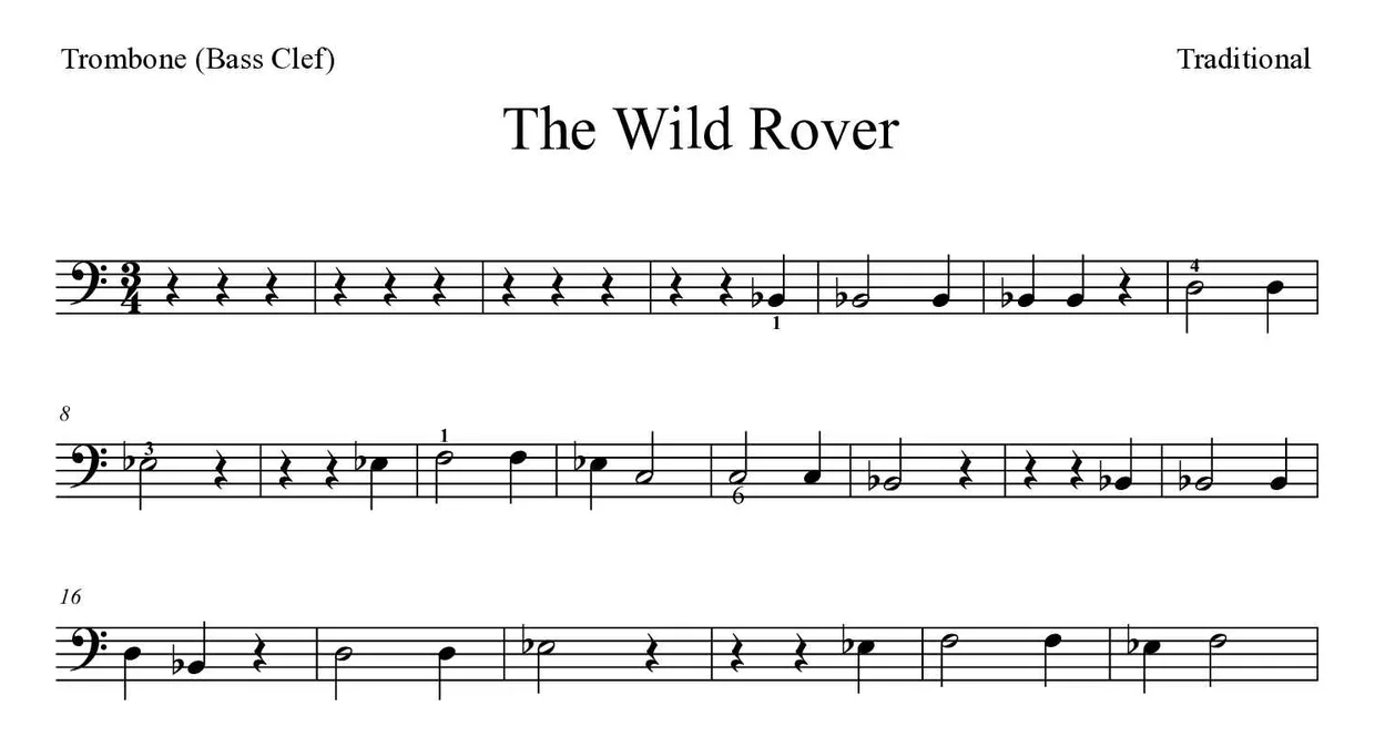 Partitura de The Wild Rover para trombón, primeras líneas
