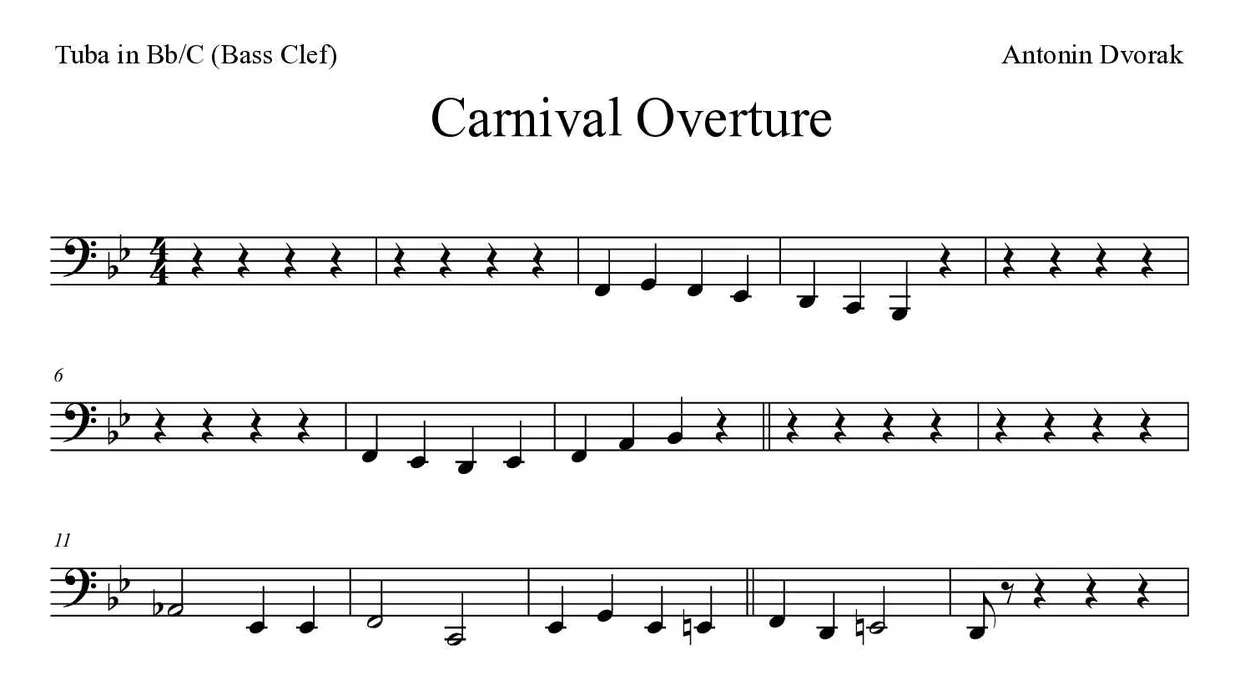 「Carnival Overture」Tuba in Bb/C (Bass Clef)用楽譜の最初の数段
