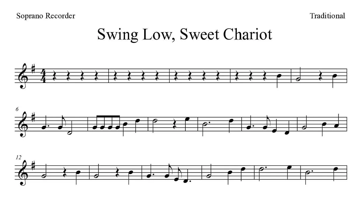 「Swing Low, Sweet Chariot」Recorder用楽譜の最初の数段