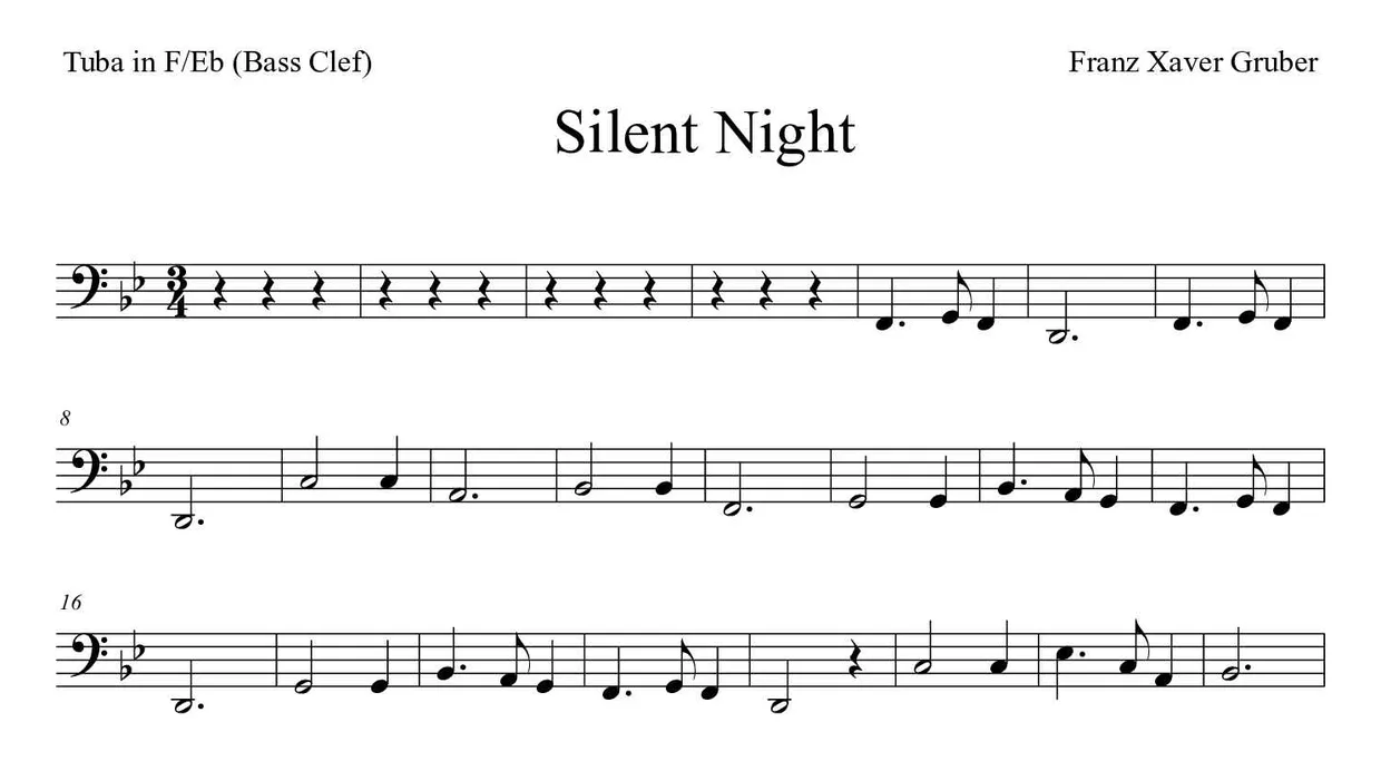 Spartito di Silent Night per tuba in F/Eb (bass clef), prime righe