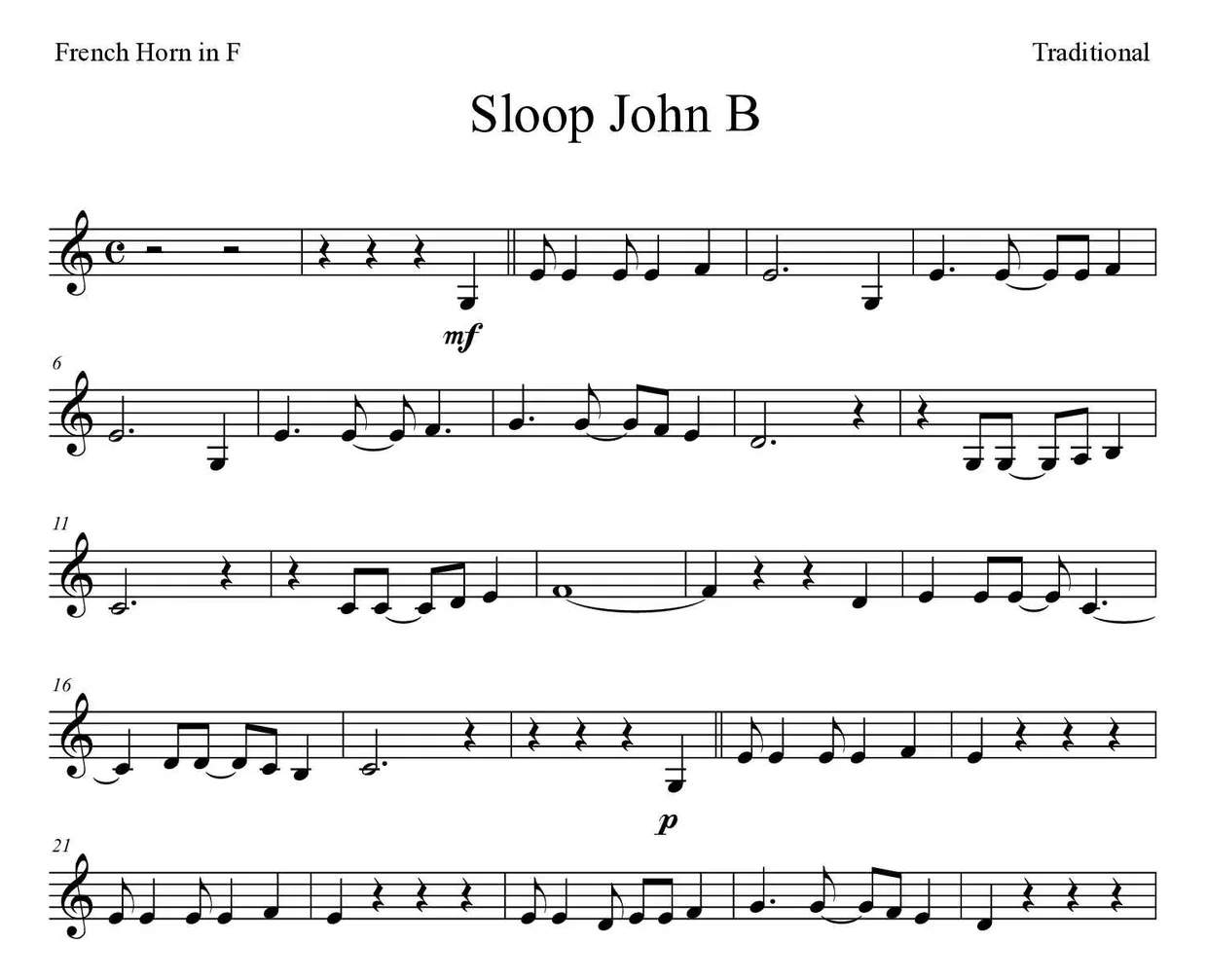 Noten von Sloop John B für Horn (Mittel), erste Zeilen
