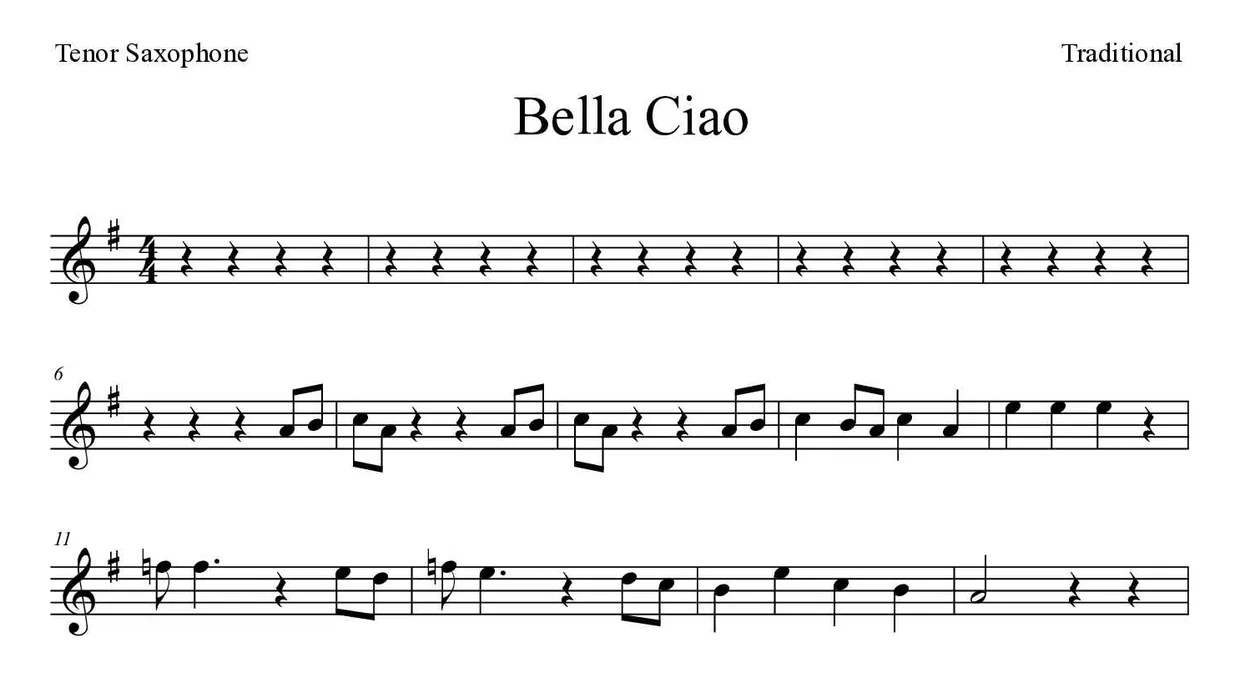 Spartito di Bella Ciao per tenor saxophone, prime righe