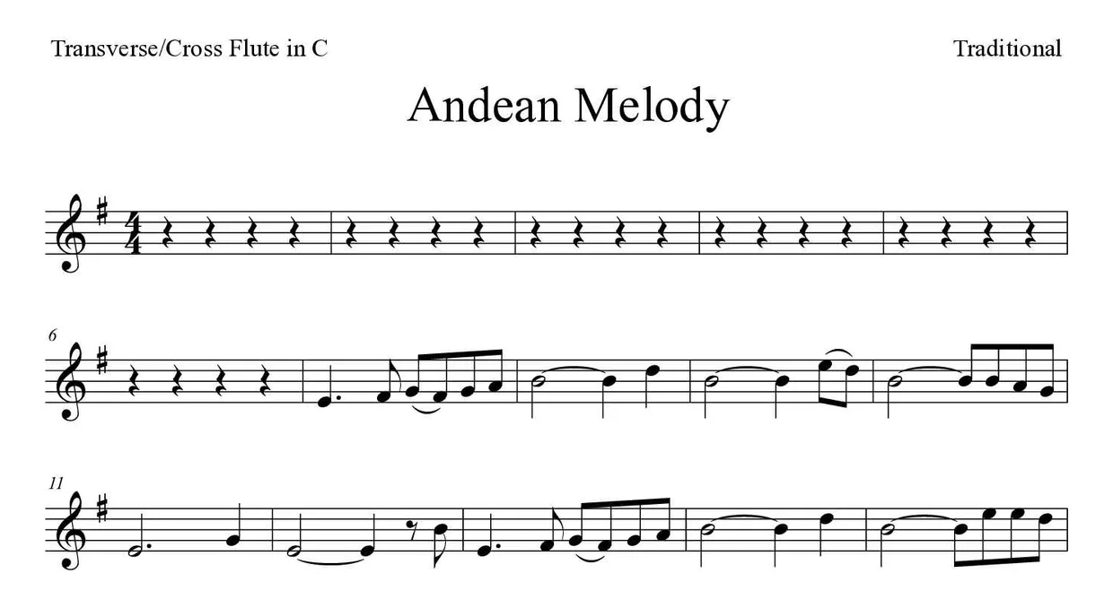 Partition de Andean Melody pour fflûte traversière, premières lignes