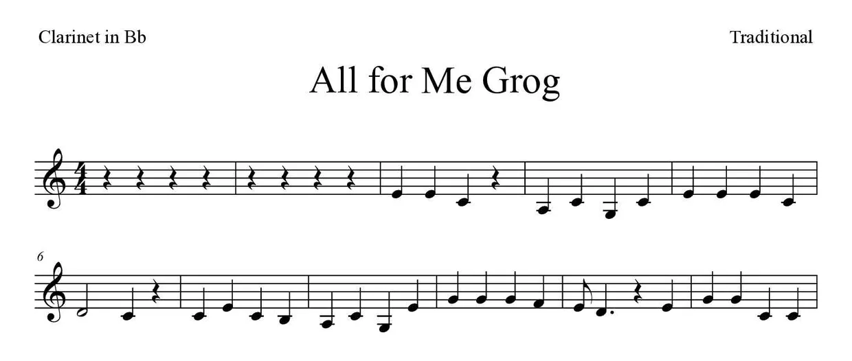 「All for Me Grog」Clarinet用楽譜の最初の数段
