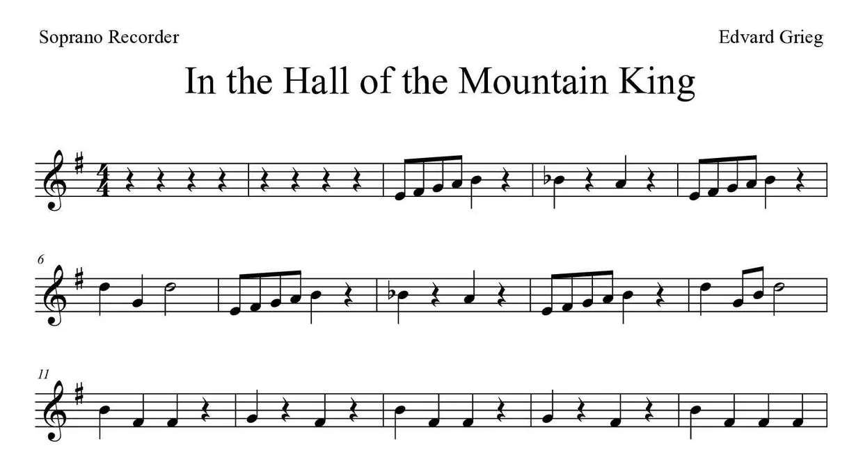 Partition de In the Hall of the Mountain King pour flûte à bec, premières lignes