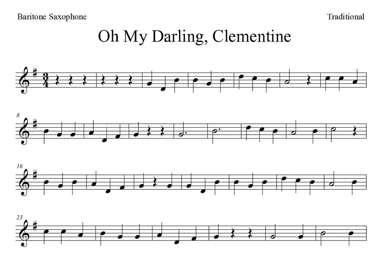 Partitura de Oh My Darling, Clementine para saxofone barítono, primeiras linhas