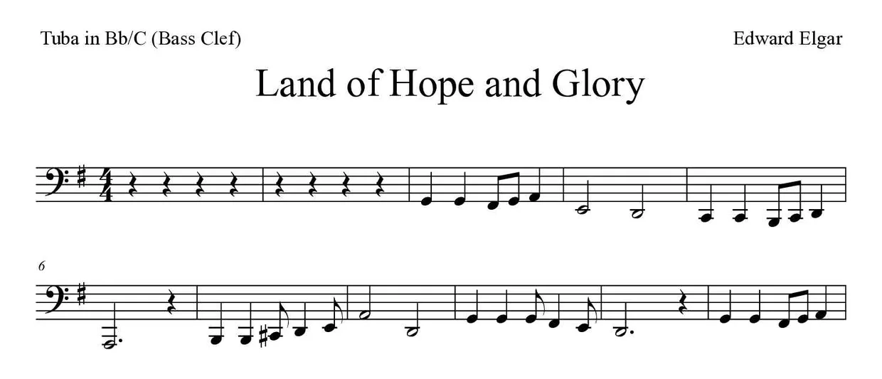 《Land of Hope and Glory》降B/C调大号（低音谱号）乐谱前几行