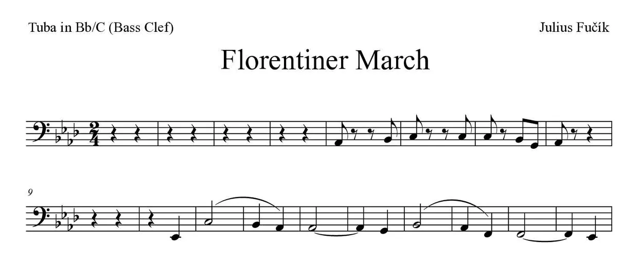 「Florentiner March」Tuba in Bb/C (Bass Clef)用楽譜の最初の数段