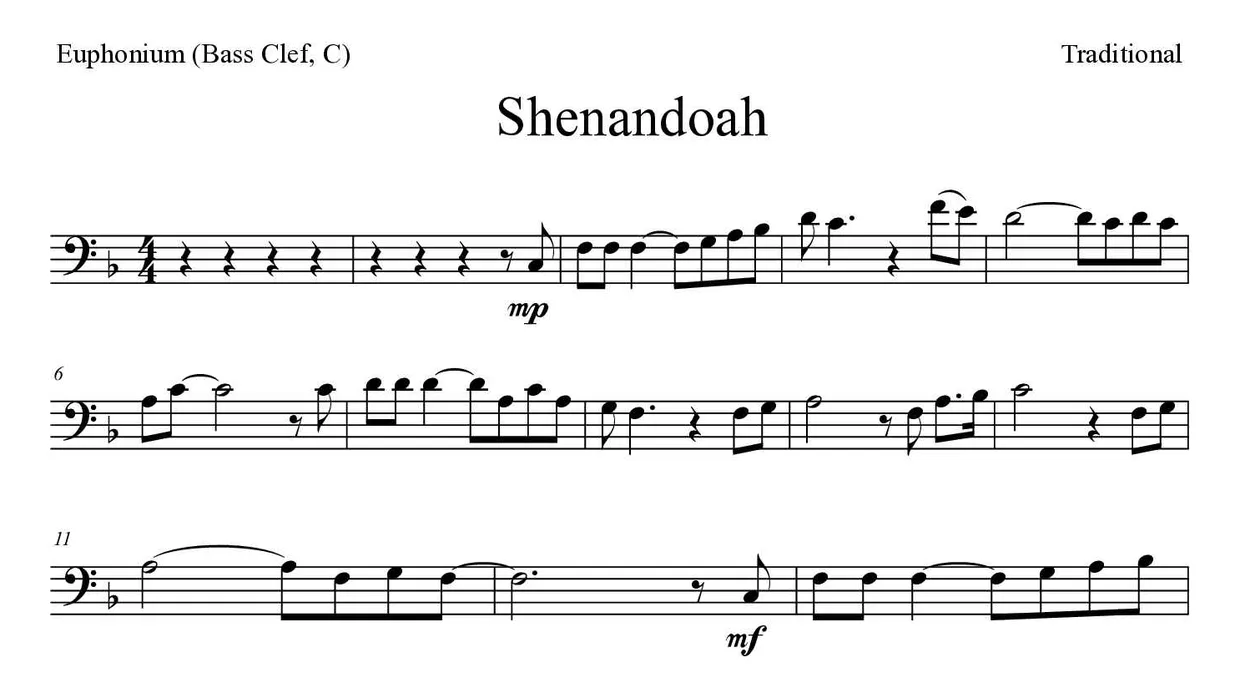 「Shenandoah」Euphonium (Bass Clef, C)用楽譜の最初の数段