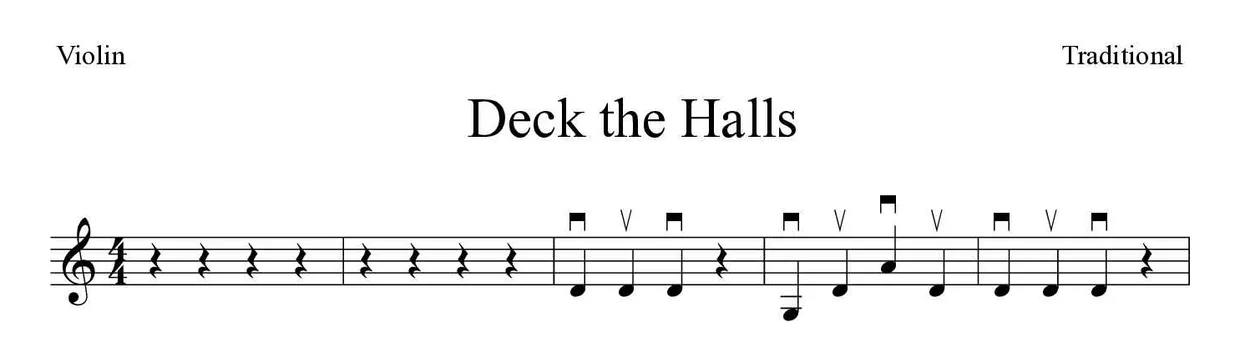 Partitura de Deck the Halls para violín, primeras líneas