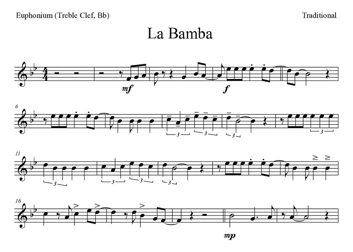 Partition de La Bamba pour euphonium (clé de sol, si bémol), premières lignes
