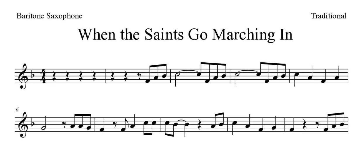Sheet music of When the Saints Go Marching In for baritone saxophone (Medium), first lines